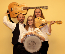 Image of Ensemble M’chaiya (tm) as a trio – Zoï Doehrer – percussion, Jutta Distler – mandolin, Terran Doehrer – guitar. Photo by Betina Distler. Photo copyright 2012 Modal Music, Inc. (tm) All rights reserved.